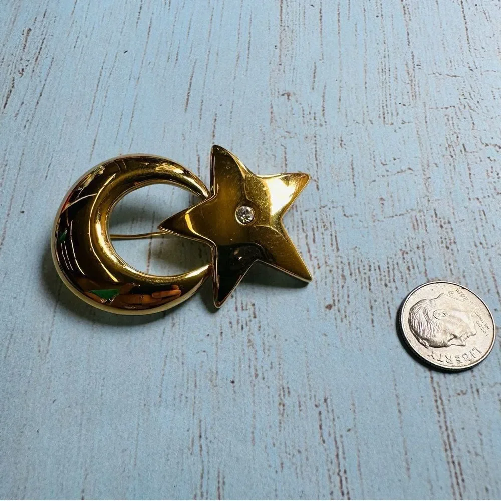 Gold‎ Moon Star Crystal Brooch
